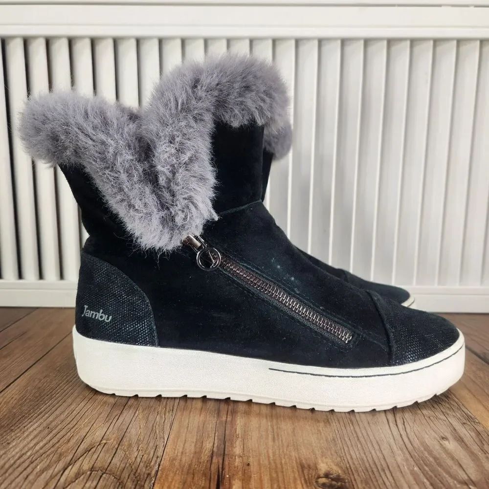 Jambu Erica Womens Sz 8M Black Faux Fur Zip Suede Ankle Winter Booties Boots